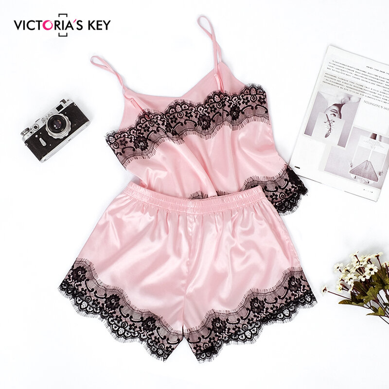 Suphis Розовая атласная пижама, женская летняя одежда для сна, сексуальный топ на тонких лямках, шорты с бантом, Шелковый комплект кружевной пи...