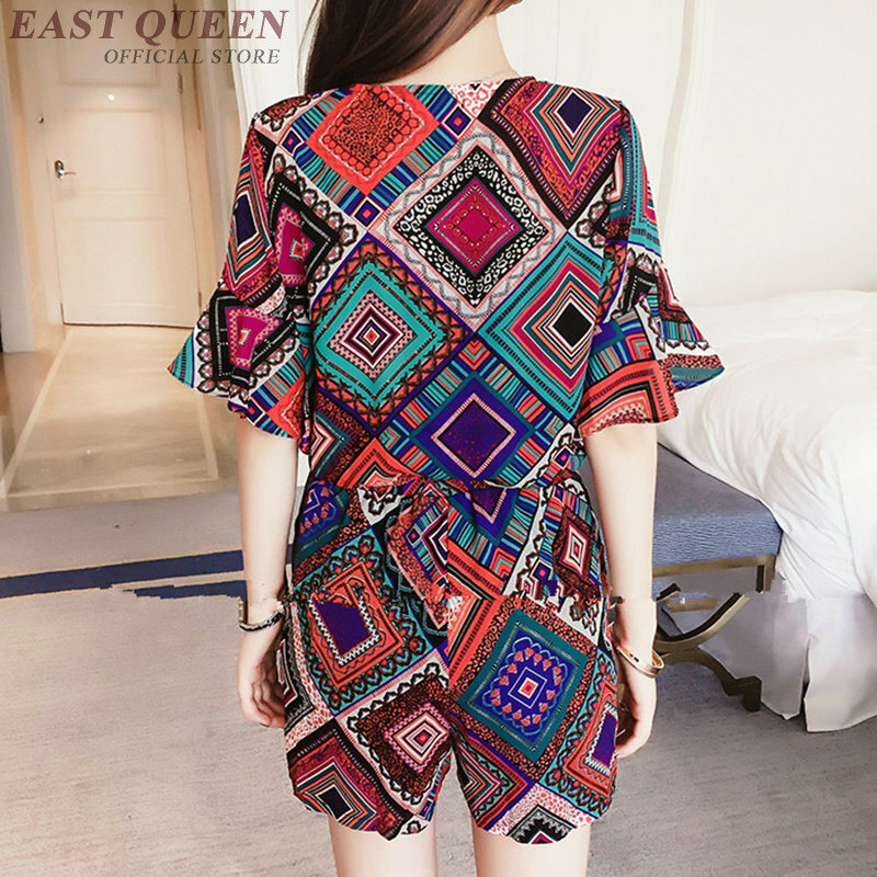 Mexican ladies jumpsuit & rompers summer loose printed bohemian chiffon beach multicolour playsuits with pocket  DD482  F