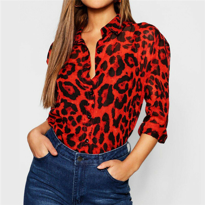Camisa con estampado de leopardo para mujer, blusa holgada de gasa de manga larga con cuello en V, Sexy, talla grande, para oficina, 3XL, 2019