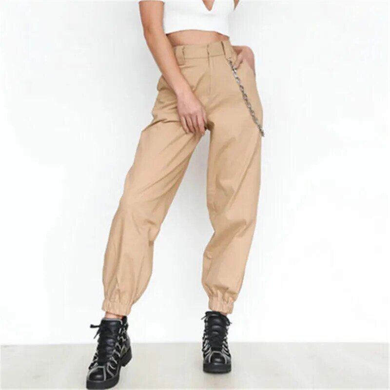 Calças cargo plus size femininas, calças casuais na cintura alta para mulheres soltas, cor sólida, cáqui, com bolsos, elástico, cintura, S-3XL