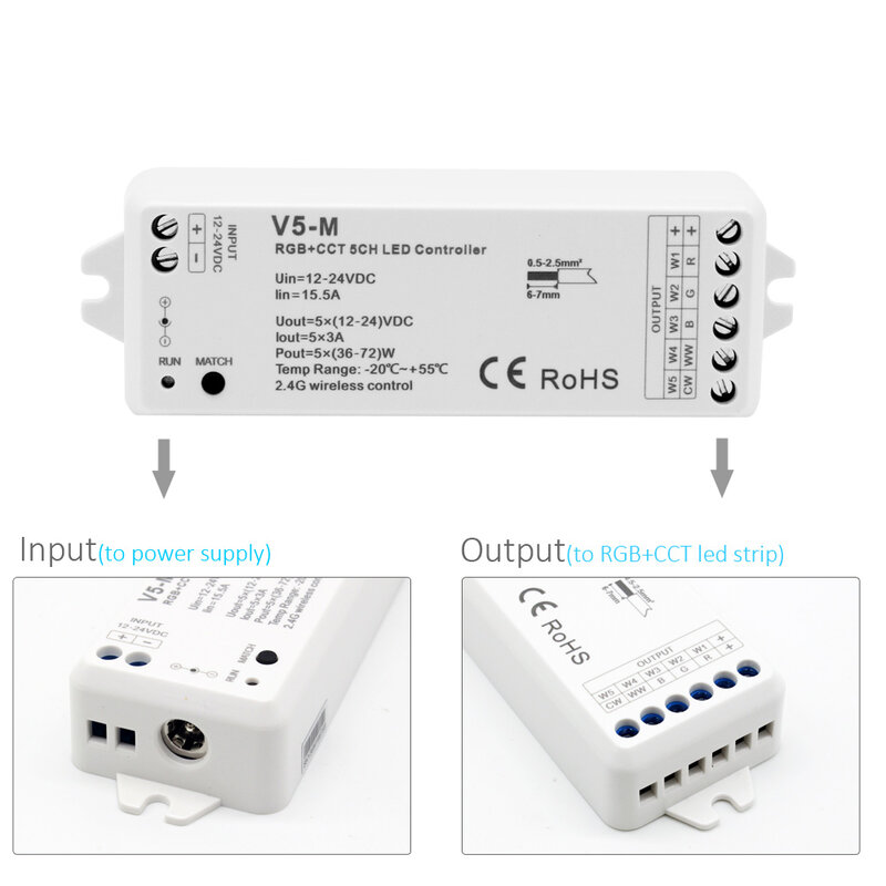 Contrôleur de bande lumineuse LED sans fil, télécommande tactile, 5 en 1, Wifi, RF, 2.4G, 12V, 24V, RGBW, CCT, RGBCCT