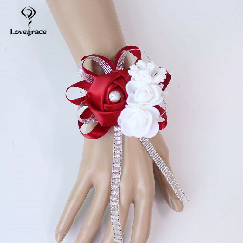 Lovegrace-pulsera con flores artificiales para dama de honor, brazalete con diseño de Rosa en la muñeca, para boda