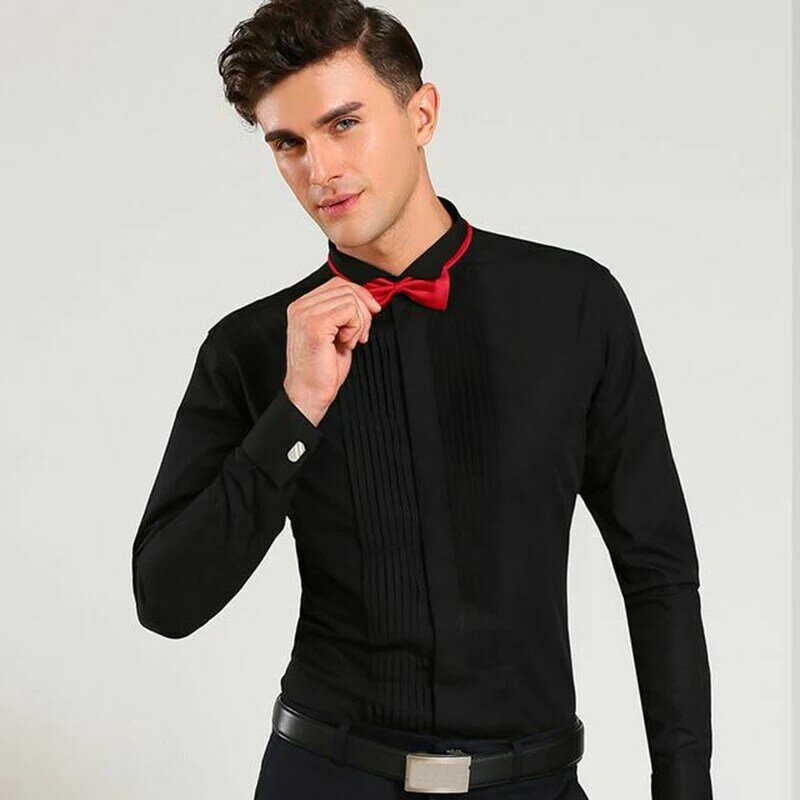 Camisa de vestir de cuello alado clásico para hombre, alas de punta de esmoquin, camisas formales con pajarita roja y negra, Tops de novio para fiesta, cena y boda