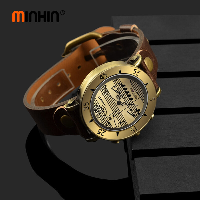MINHIN 2020 Neue Design Leder Armbanduhren Frauen Männer Vintage Bronze Zifferblatt Musik Hinweis Quarz Analog Casual Uhren Geschenk