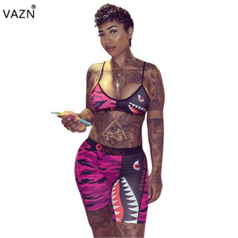 VAZN Camouflage Colorful Printed Sexy Two Piece Set Spaghetti Strap Sleeveless Crop Top And Sheath Short Pants Tracksuit LS6222