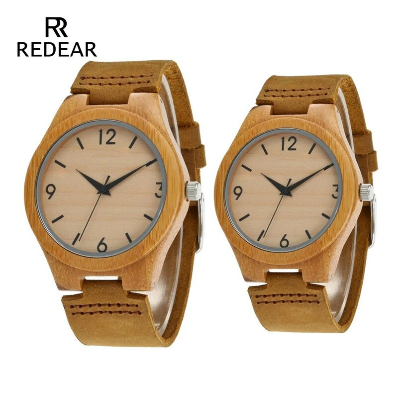Envío gratuito bambú relojes con logotipo No interruptor de madera reloj de cuero Real marrón relojes por paquete de regalo