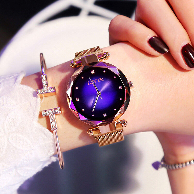 Женские наручные часы, роскошные часы цвета розового золота с браслетом, Модные кварцевые наручные часы со стразами и магнитным браслетом з...