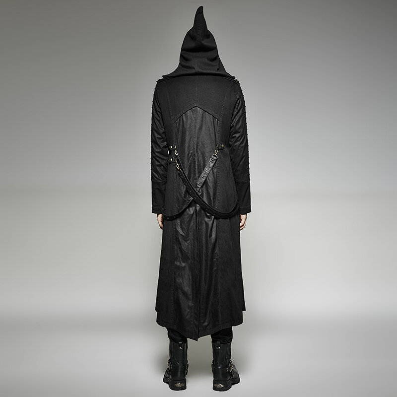 Punk Hooded Long Men Trench Coat Belt Cross Leather Stitching Lengthened Jacket Windproof Zip Pocket With Zipper Cuffs Coat