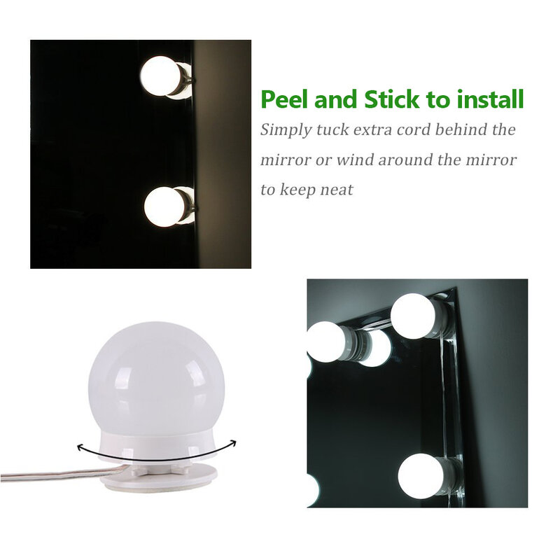Lampu LED cermin rias, 10 buah lampu Kit lampu cermin rias, lampu kosmetik 3 tingkat kecerahan dapat disesuaikan untuk rias