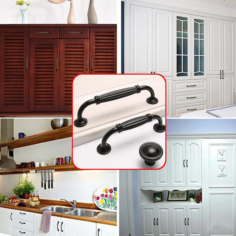 Poignées de porte et tiroirs en alliage d'aluminium, noir, style américain, pour placard de cuisine