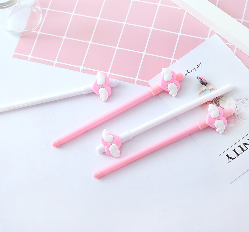 Bolígrafo neutro negro con alas encantadoras para niña rosa, suministros de aprendizaje de firma de oficina para estudiantes, suministros escolares Kawaii para escribir, 1 ud.