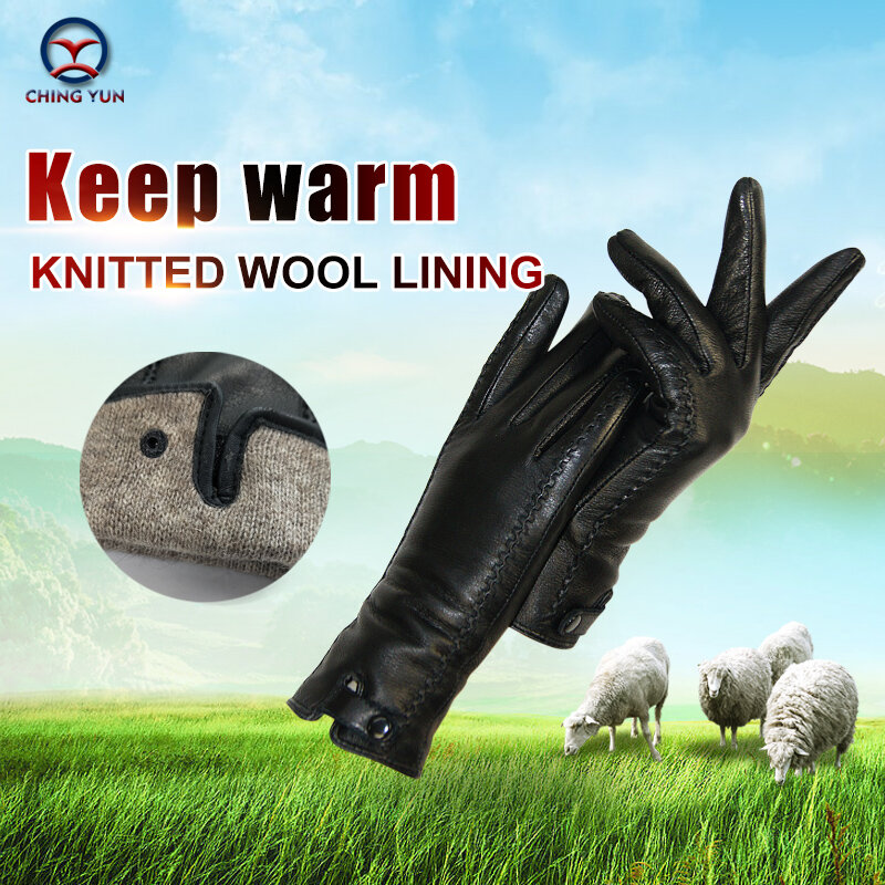 女性のための本革の冬用手袋,暖かくて柔らかい女性のウサギの毛皮のリベットのセット,高品質
