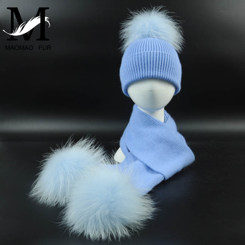 New Fashion Children's Wool Knit Hat Scarf 2 Pieces Set Winter Warm Kids Baby Boy Girl Raccoon Fur Pom poms Soft Hat Scarves