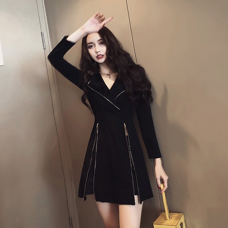 Outono roupas femininas de duas peças, manga longa, zíper preto, sexy, jaqueta longa, conjunto de 2 peças, roupa feminina dd1901