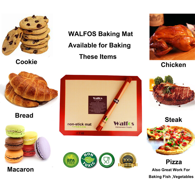 WALFOS 브랜드 베이킹 시트 라이너, 붙지 않는 실리콘 베이킹 매트, 붙지 않는 베이킹 쿠키 라이너, 페이스트리 매트, 제빵기 주방 도구