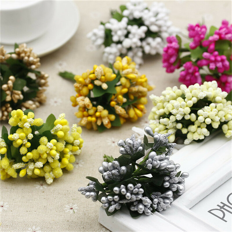 12 unids/lote flores artificiales estambre de alambre stem/hojas para boda stamen DIY corona decoración caja de boda