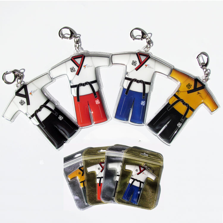 12pcs/lot) New poomsae dobok keychains taekwondo v neck 4 colors doboks key chains gifts for childrens students wholesale