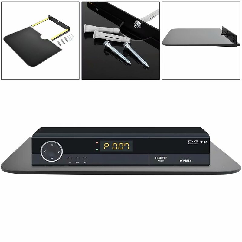1 Tier czarny szkło pływające półka do montażu na ścianie w łazience ODTWARZACZ DVD TV Box Router PS4 do przechowywania konsoli do gier uchwyt stojak stojak półki