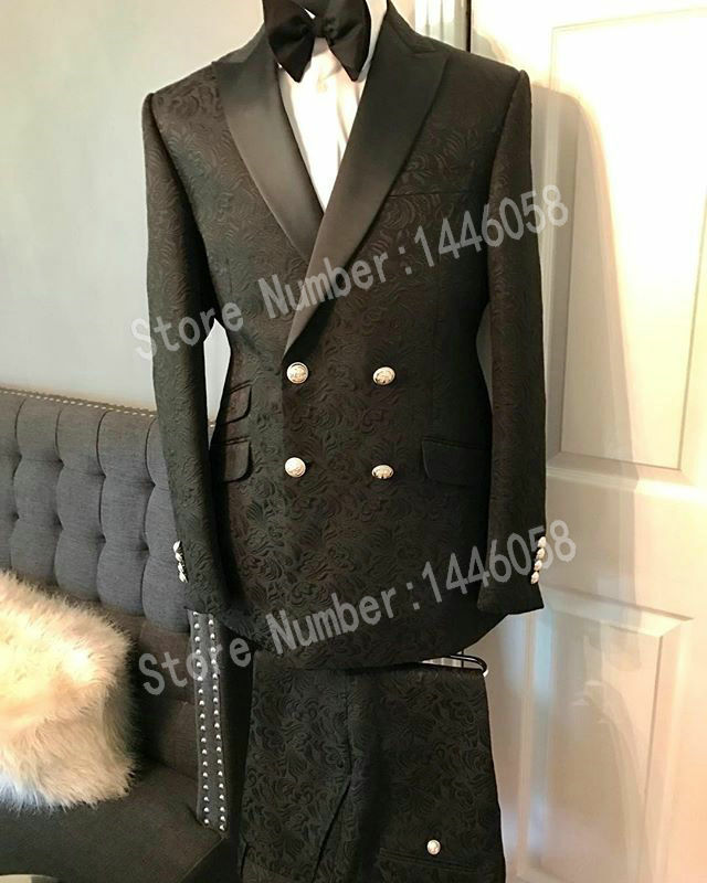 Blazer de baile de graduación para hombre, traje hecho a medida de 2 piezas, de cachemira negra, esmoquin de doble botonadura para novio, trajes de boda, 2019