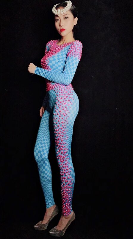 Costume da donna Sexy con perle rosa pietre blu Spandex tuta discoteca festa di compleanno Leggings cantante femminile ballerino Costume