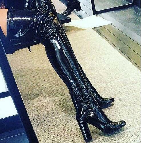 Women's winter high boots patent leather over the knee high heel boots round toe thick heels woman boot  thigh high boots
