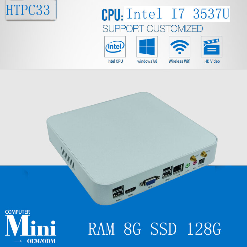 미니 PC 리눅스 얇은 PC 거실 컴퓨터 인텔 코어 i7 3537U, 듀얼 코어 4 스레드 8GB Ram 128GB SSD HDD 300M Wifi HDMI