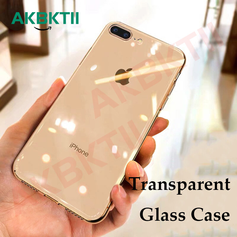 Xr AKBKTII para iPhone Caso de luxo Transparente caso Caixa de vidro para o iphone 7 6 8 além de Vidro Temperado De Volta para iPhone XS MÁXIMA Cobertura