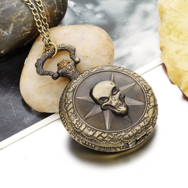 Steampunk Punk Bronze Star Skull Quartz Pocket Watch Pendant Chain Necklace