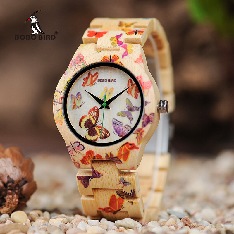 Bobo bird o20 relógio feminino de estampa de borboleta, relógio de pulso feito de bambu quartzo para senhoras em caixa de presente de madeira