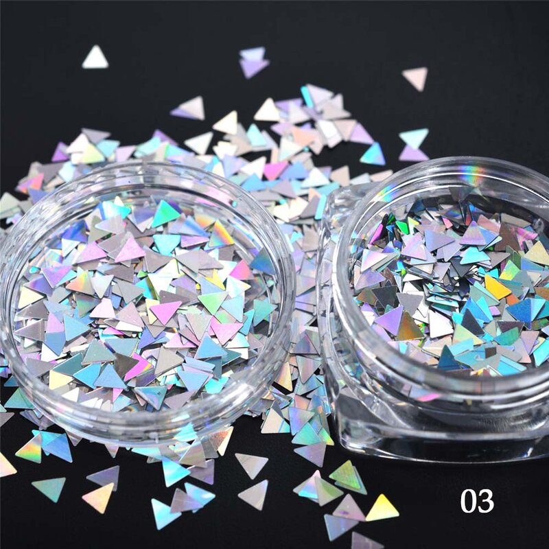 1 Caja Láser lentejuelas plateadas para decoración de uñas brillo estrella triángulo escamas holográficas punta 3D polvo manicura decoración JI647
