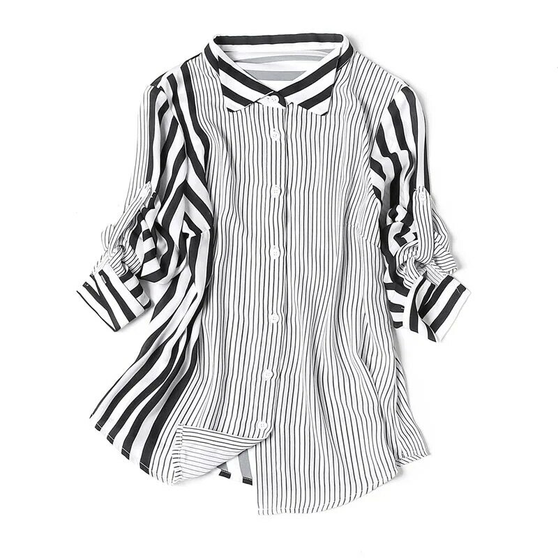 100% 실크 블라우스 여성 셔츠 패치 워크 디자인 스트라이프 턴 다운 칼라 긴 소매 사무용 탑, 새로운 패션 2018