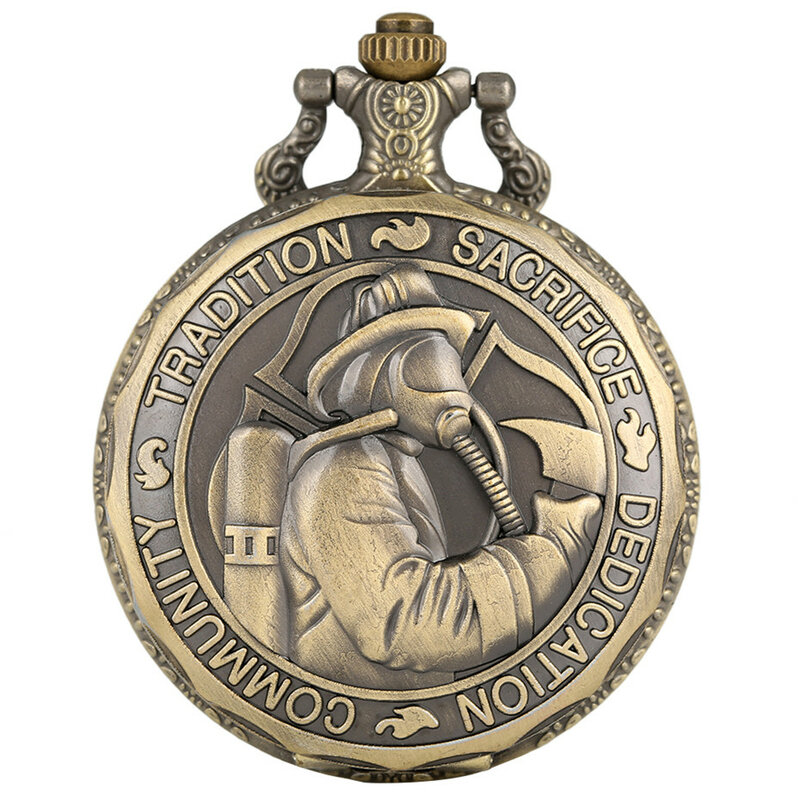 Reloj de bolsillo de cuarzo con pantalla de bombero de bronce, cadena Fob, exquisito diseño en relieve, colgante de collar, reloj de recuerdo Steampunk