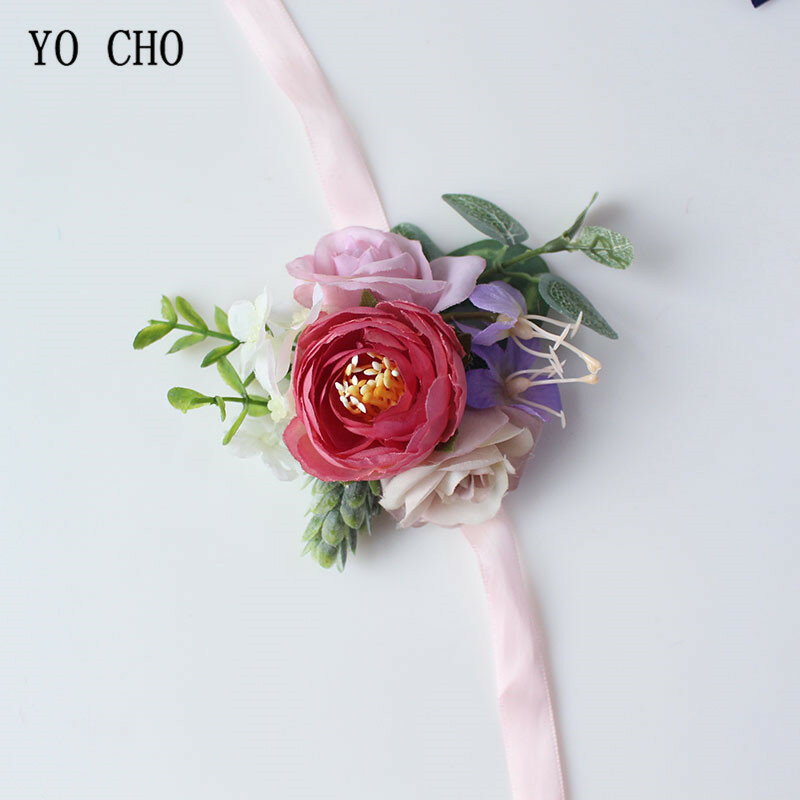 Yo Cho Buatan Tangan Panjang Pita Mini Sutra Rose Pernikahan Pergelangan Tangan Bunga untuk Bridesmaid Pergelangan Tangan Korsase Gelang Groom Boutonniere Korsase