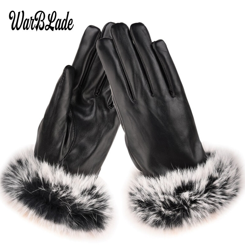 2021 Mode Winter Vrouwen Outdoor Casual Handschoenen Leer Pluche Winddicht Volledige Vinger Pols Wanten Lady Warm Konijnenbont Handschoen