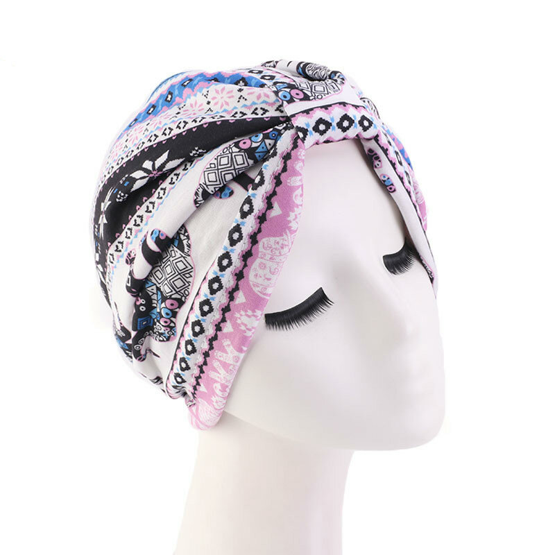 Turbante elástico con estampado musulmán para mujer, gorros para el pelo con volantes, pañuelos, bufanda para envolver la cabeza, 18, 2019