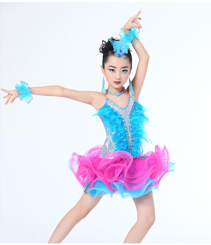 Roupa de dança jazz infantil feminina, traje infantil moderno de dança festa latina com lantejoulas vestido tutu para meninas