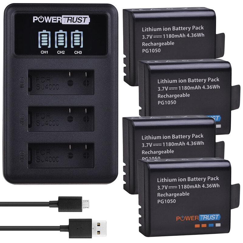 PG1050 Bateria e Carregador USB LED, 3Slots, 1180mAh, apto para SJCAM, SJ4000, M10, SJ5000, SJ5000X, EKEN H9, H9R, H8R, H8, GIT, PG900, 4 unidades