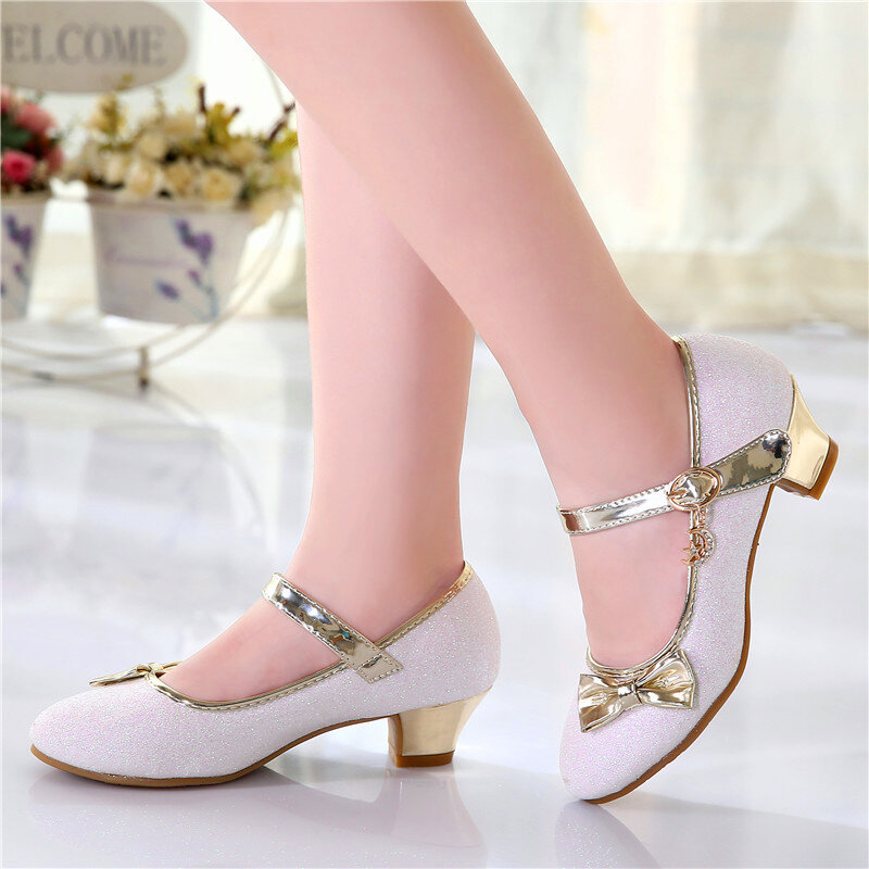 Shoes for princess girls 2019 spring autumn new Korean version of the tide bow children's small high-heeled single shoes 28-38#