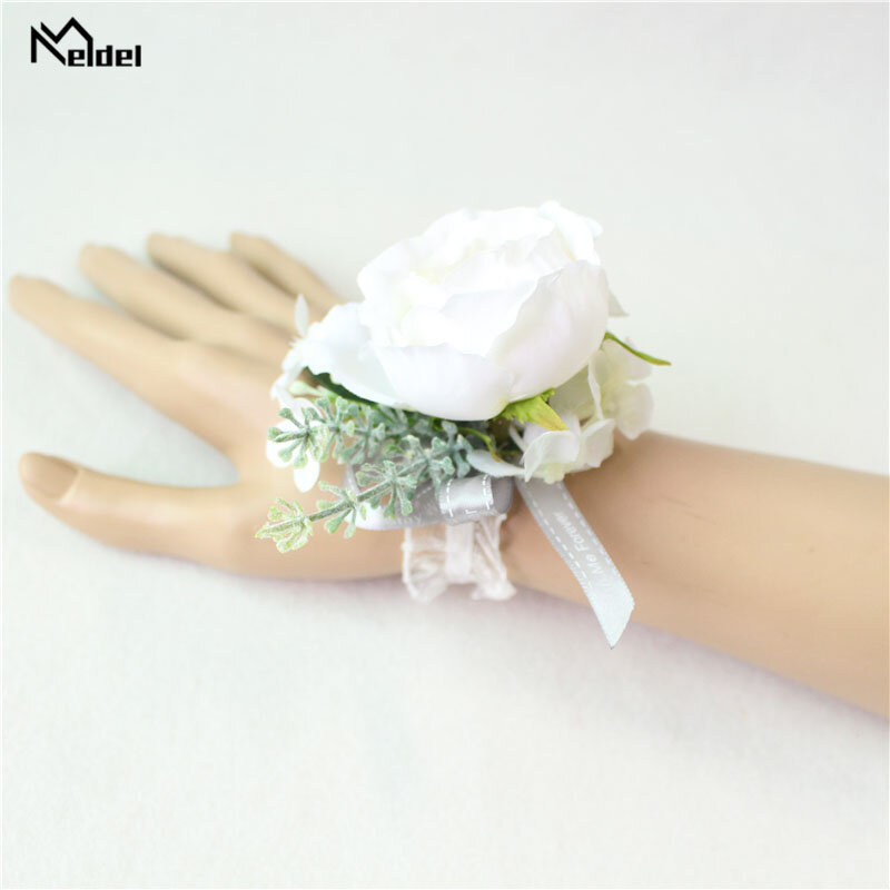Meldel boutique broche de casamento, broche de noiva e damas de honra, bracelete de noiva com pulseira branca de seda rosa