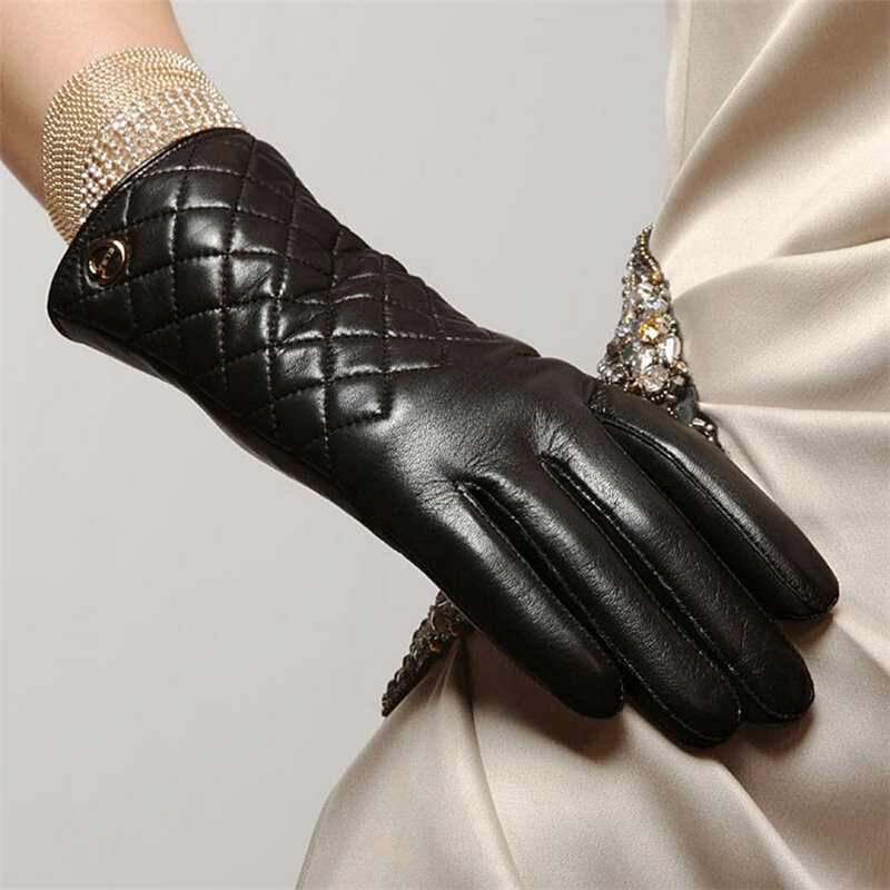 HOT Sale Fashion Women Sheepskin Gloves Autumn Winter Plus Warm Velvet Genuine Leather Elegant Lady Driving Glove EL014PC