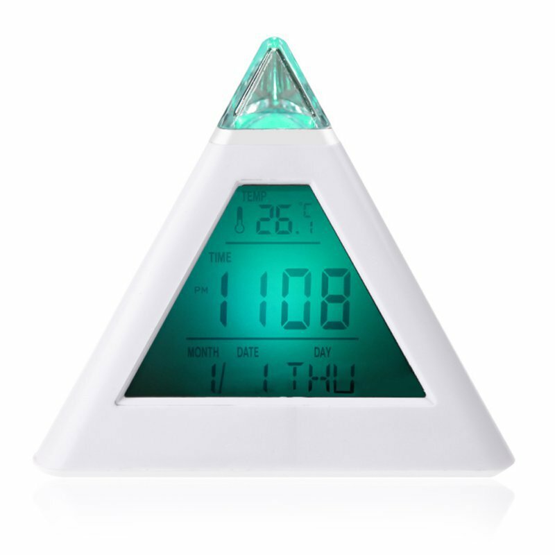 7 LED Change Colors Pyramid LCD Digital Snooze Alarm Clock Time Data Week Temperature Thermometer C/f Hour Home AB
