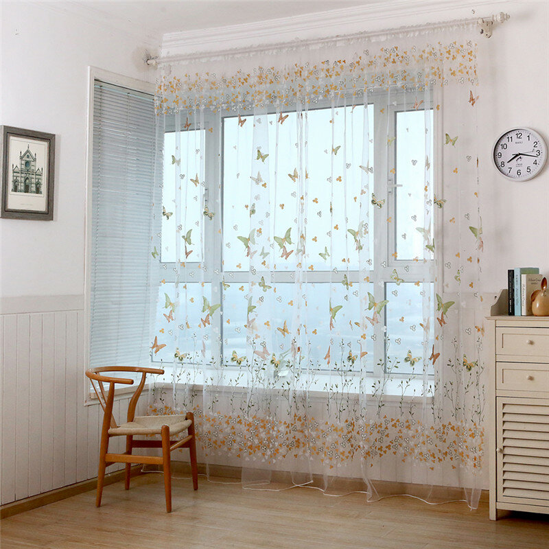 1 pc Butterfly Branches Printed Tulle Curtains for Living Room  Indoor Window Screening Decor Balcony Burnout Voile Curtain