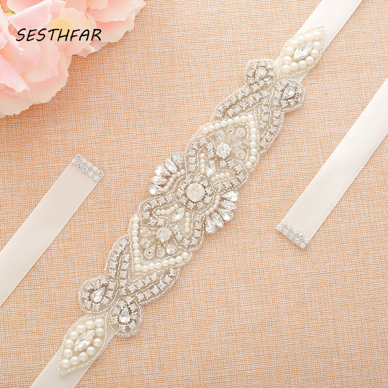 SESTHFAR  Rhinestone belt Hand Wedding Belts Crystal Pearl Bridal belt For Formal Evening Dress Wedding Sash