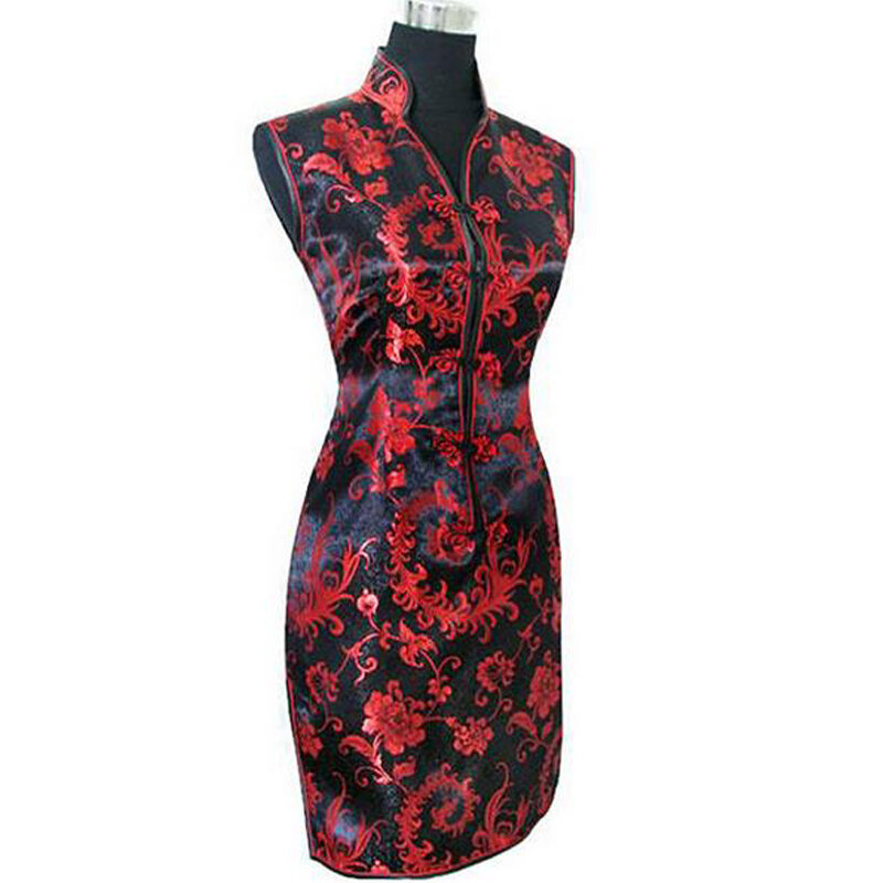 Женское шелковое атласное платье-Ципао, традиционное китайское летнее платье темно-синего цвета с цветочным Ципао с острым вырезом, Размеры S M L XL XXL XXXL WC013