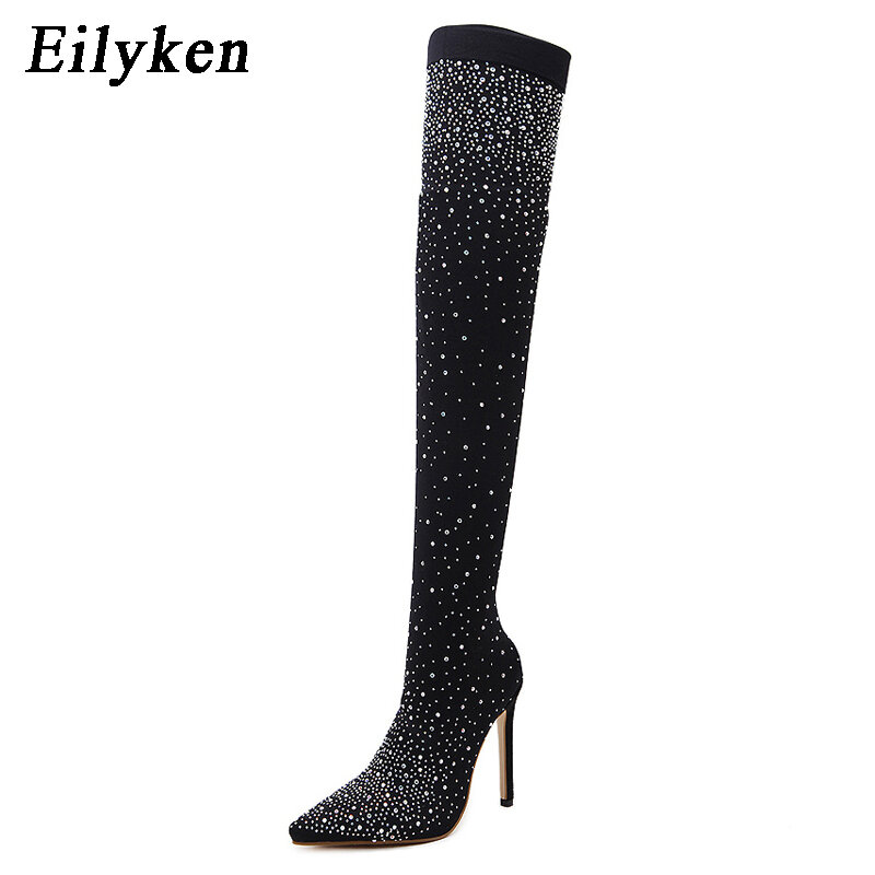 Eilyken Fashion Runway Crystal Stretch Fabric Sock Over-the-Knee Boot Thigh High Pointed Toe Woman Stiletto Heel Shoes