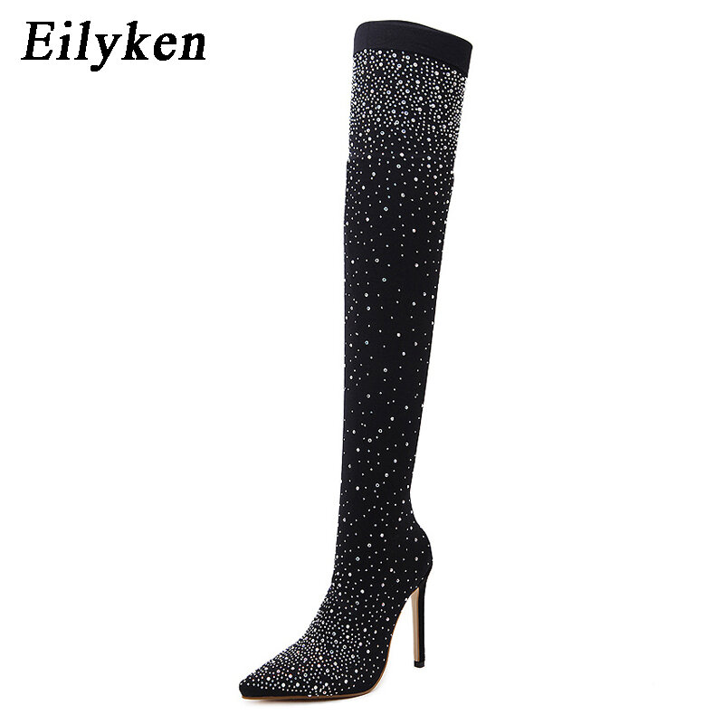 Eilyken 2023 Mode Runway Kristall Stretch Stoff Socke Overknee-Stiefel Oberschenkel hoch spitzen Zehen Frau Stiletto Ferse Schuhe