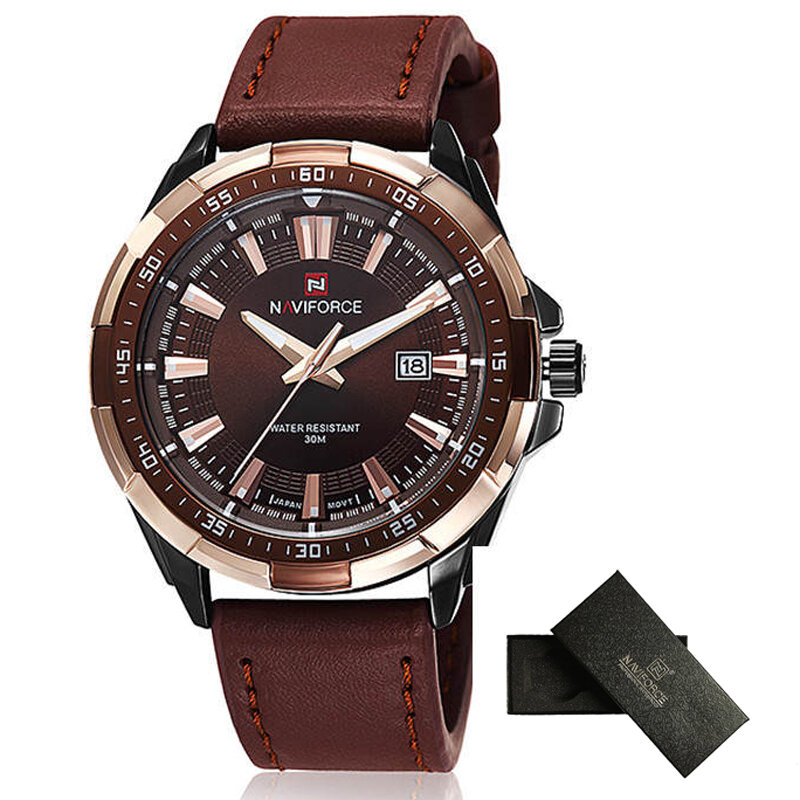 Часы наручные NAVIFORCE Мужские кварцевые, брендовые Роскошные спортивные водонепроницаемые с кожаным ремешком, NF9056