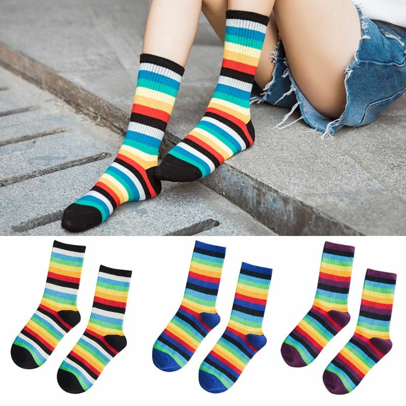 Unisex Teens Contrast Color Rainbow Striped Crew Socks Harajuku Hip-Hop Sports Streetwear Hipster Retro Cotton Long Tube Hosiery