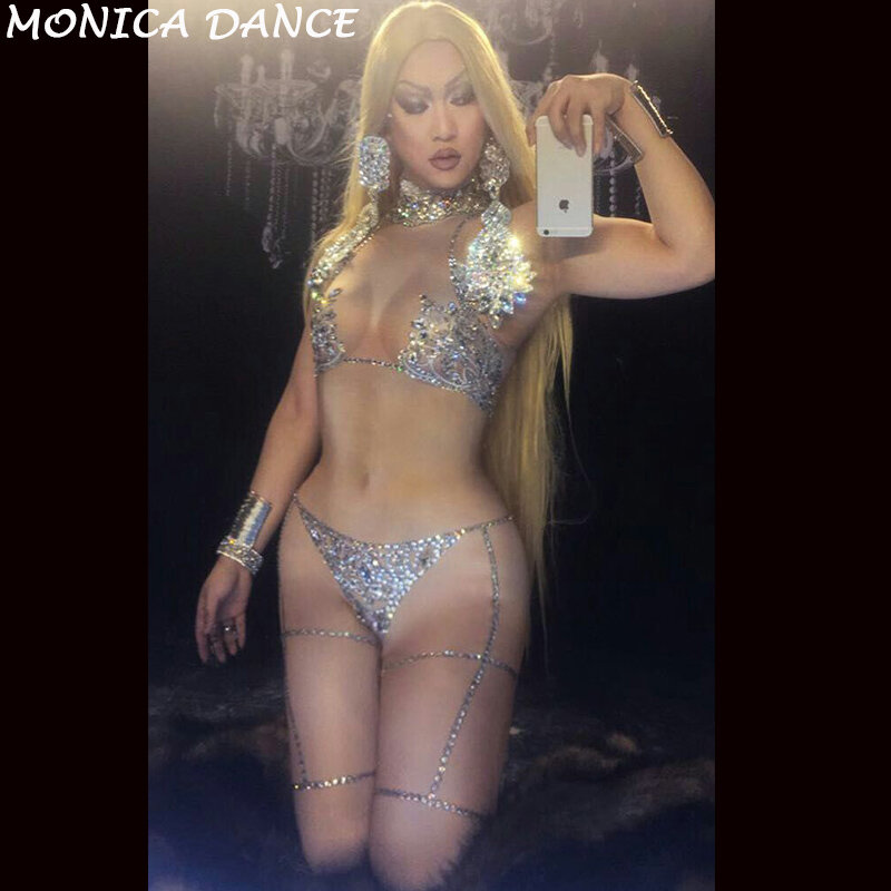 Macacão feminino sensual com cristais brilhantes, fantasia nude para palco de dança, roupa de treino grande para mulheres