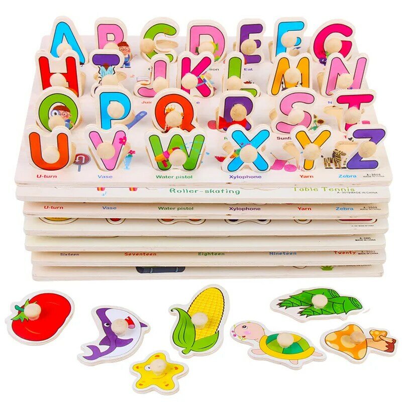 Puzle educativo de madera para niños y bebés, juguetes de aprendizaje de madera, tarjetas de letras del alfabeto ABC, juguetes cognitivos, regalo